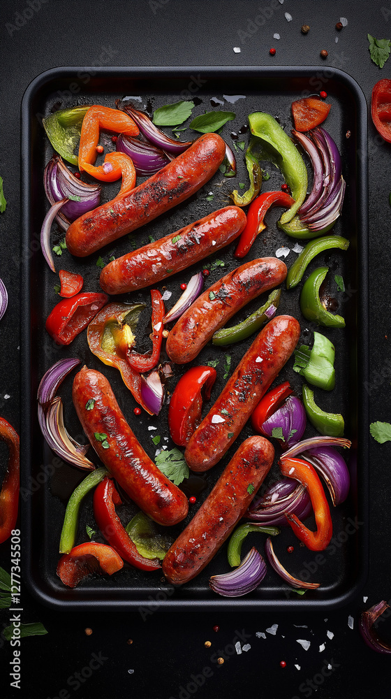 Colorful meal of pork sausages, bell peppers and red onion