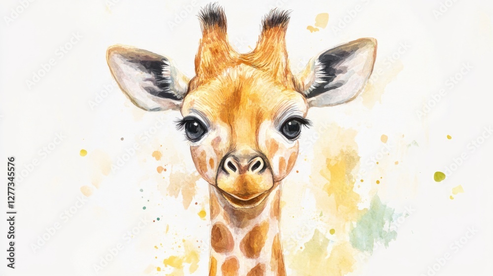 Fototapeta premium Cute baby giraffe portrait, watercolor style, adorable face.