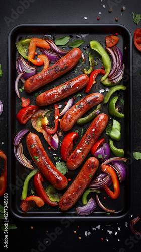 Obraz na płótnie Colorful meal of pork sausages, bell peppers and red onion w salonie