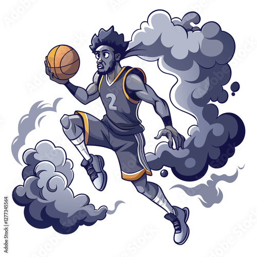 A stylized basketball player, ninja-like in agility, vanishes into a swirling vortex of smoke and energy.  Focus on dynamic motion and vibrant colors.