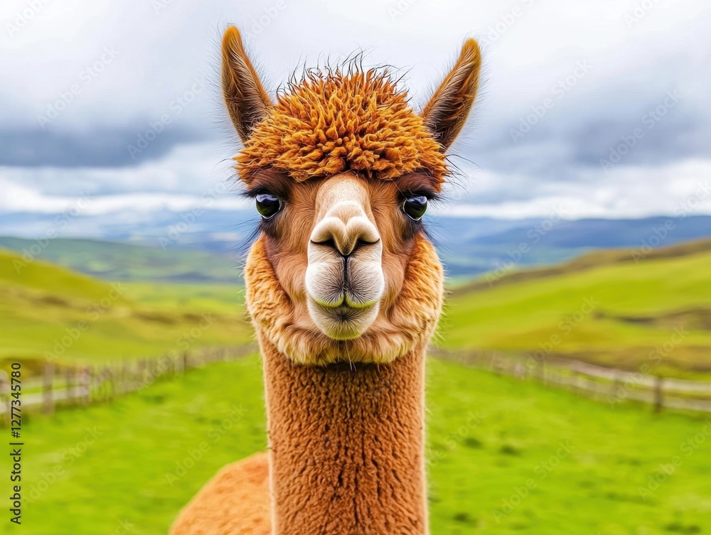 Obraz premium A close-up image of a friendly llama with a fluffy coat, set against a lush green landscape under a cloudy sky.