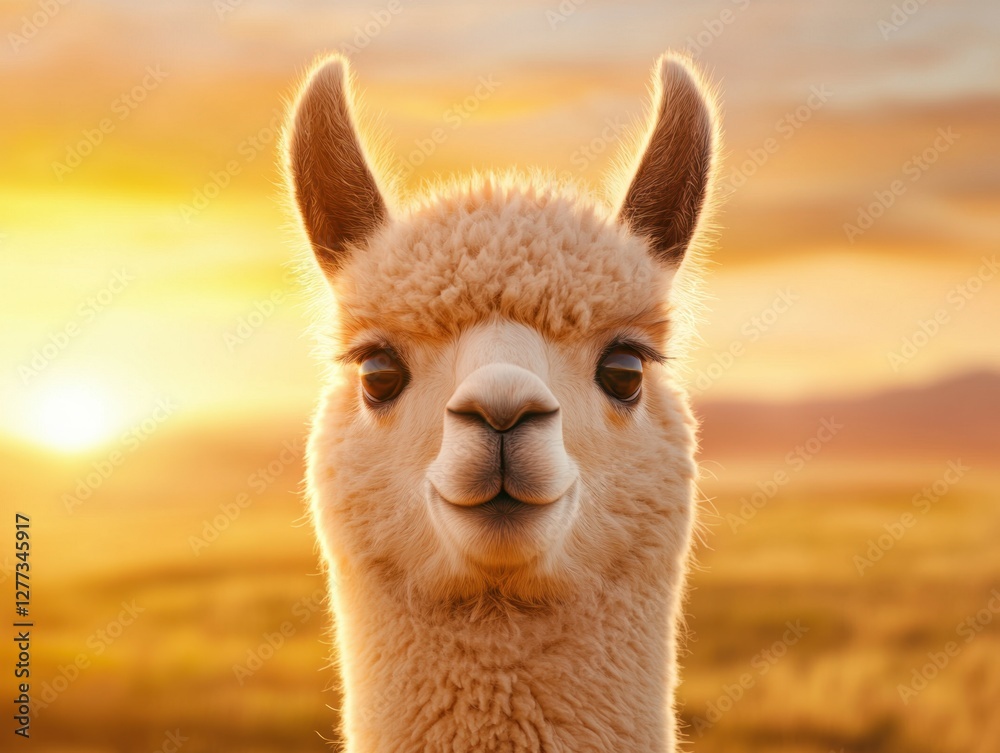 Obraz premium A cheerful llama gazes at the sunset, showcasing its fluffy fur and vibrant surroundings, evoking a sense of warmth and tranquility.