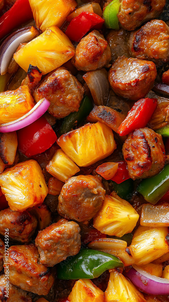 Sausage pieces with pineapple and bell peppers