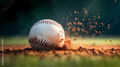 Close-up of a Baseball with Dirt Splashes on a Field Background