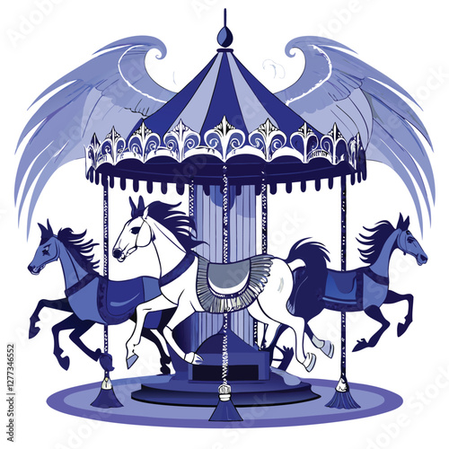 Eerie, dimly lit carousel with unsettlingly shifting, ghostly white carousel horses; decaying, Victorian-era setting; ominous atmosphere.