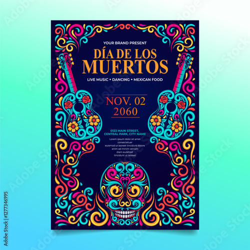 Dia de muertos Flyer, Day of the dead sugar skull with Guitar and mexican floral decoration