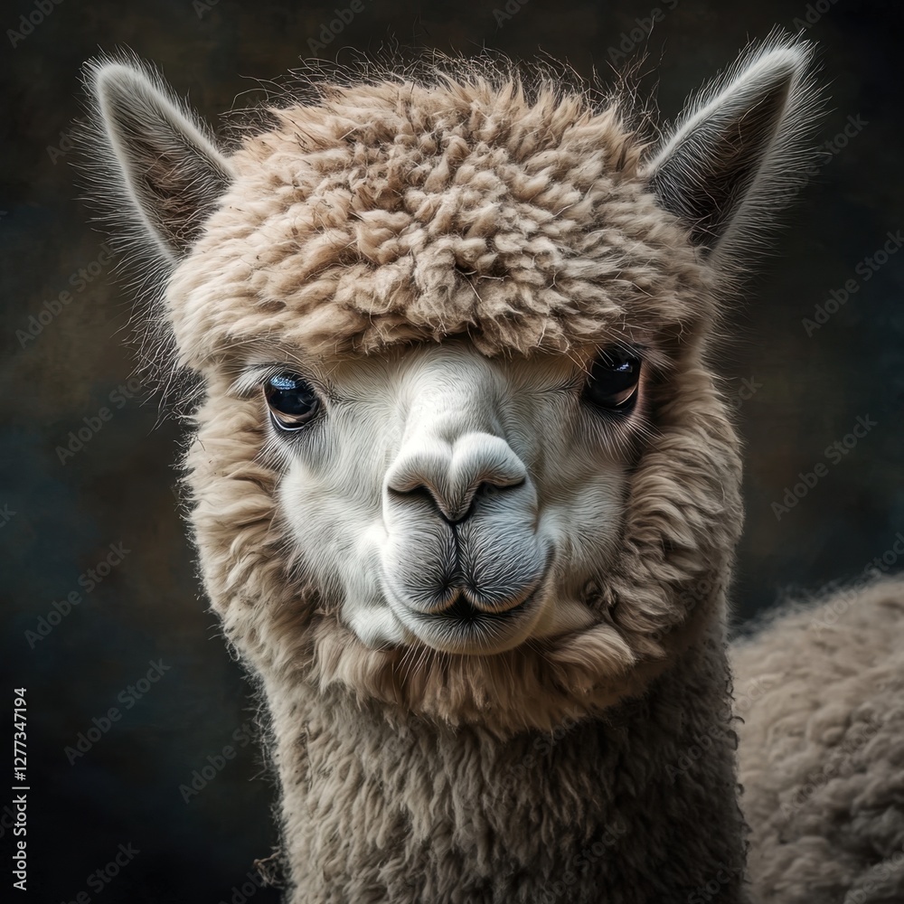 Obraz premium A close-up of a fluffy alpaca's face, showcasing its large eyes and soft, woolly coat against a muted background.