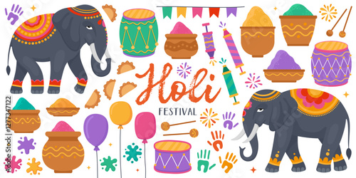 Collection of colorful illustrations for Holi festival. Indian traditional festival of colors, holiday. Elephants, heaps of Holi pigments in clay bowls, balloons, drums, paint stains.