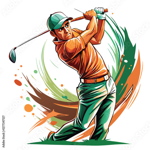 A professional golfer executing a powerful, dynamic golf swing, showcasing a graceful arc.  The image should emphasize athleticism and precision.