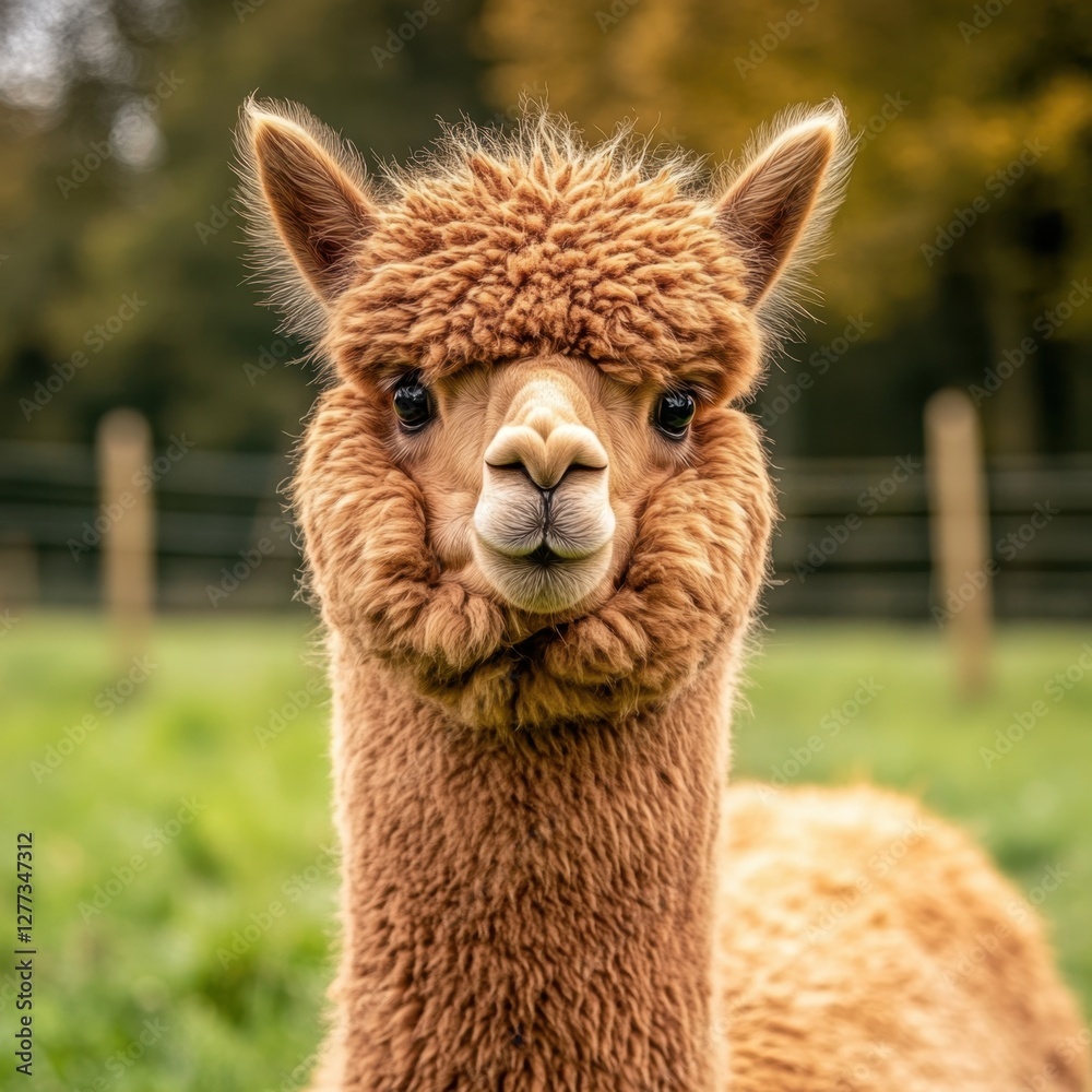 Obraz premium A fluffy alpaca stands in a green field, showcasing its soft fur and curious expression against a blurred natural backdrop.