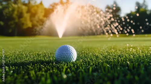 Golf Course Close-Up: Ball, Sprinkler, and Sunlit Trees