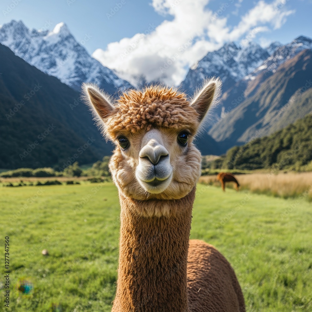 Obraz premium A charming alpaca stands in a lush green field, surrounded by majestic mountains under a bright blue sky.
