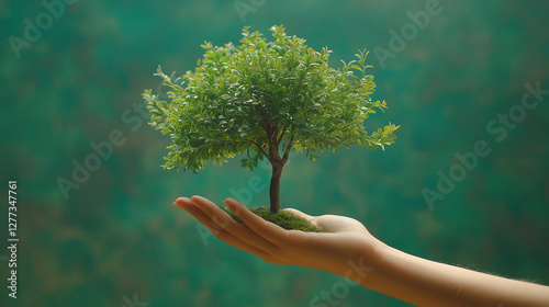 Concept of a hand nurturing a big tree on a green background promoting nature and sustainability