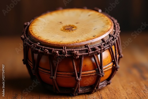 Close-up of a Traditional Wooden Drum with Brown Straps