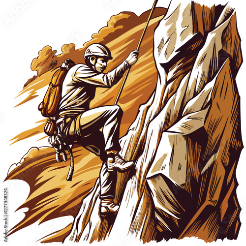 A daring rock climber grips a sheer cliff face, showcasing intense focus and athleticism in a dramatic ink drawing.