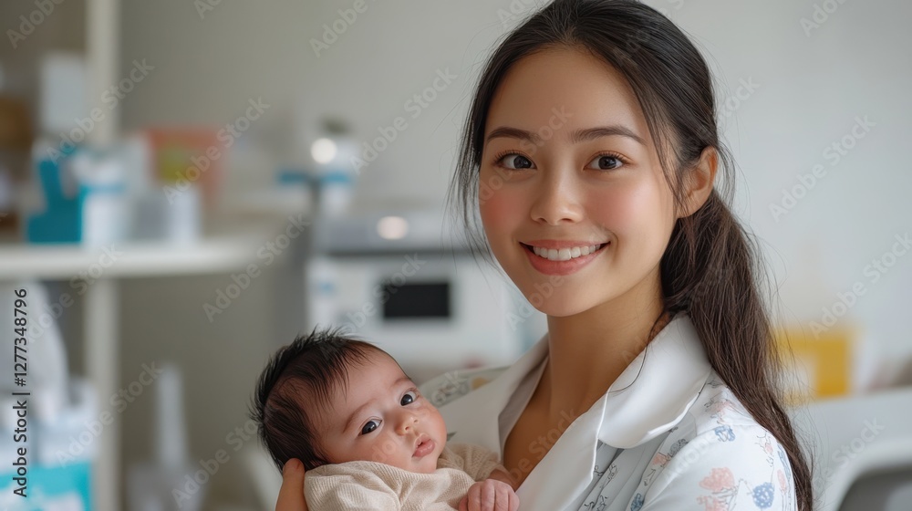 A smiling woman holds a newborn baby in a well-lit room, conveying warmth and tenderness.