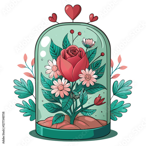 A realistic depiction of a human heart beating rhythmically within a transparent glass chamber filled with a clear, pulsating fluid.