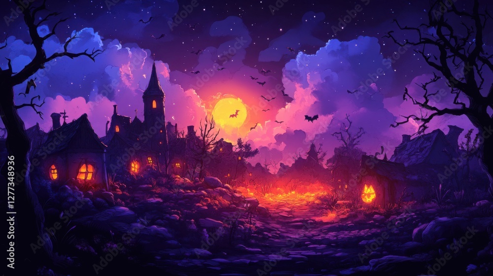 Eerie village under vibrant sky with flying bats, evokes Halloween night, Generated AI Eerie village under vibrant sky with flying bats, evokes Halloween night, Generated AI
