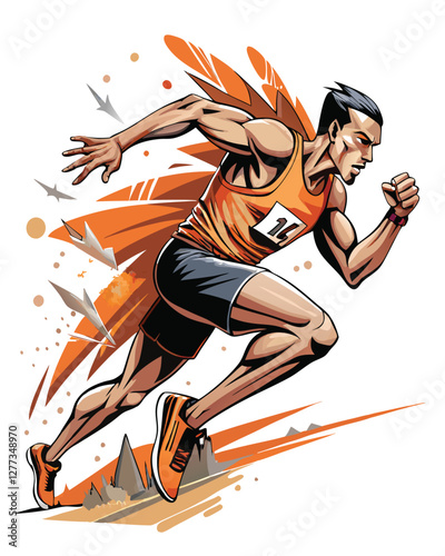 A dynamic photo of a runner in mid-air, powerfully breaking the finish line tape.  Focus on the intense expression and motion.
