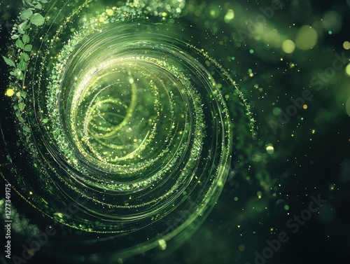 A mesmerizing swirl of green light and sparkles, creating a sense of depth and motion in a captivating abstract pattern.
