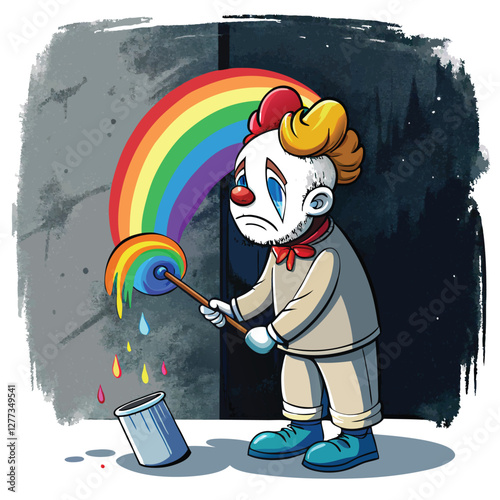 A melancholic clown, tears subtly visible, paints a vibrant rainbow on a stark, dark grey wall, contrasting joy and sorrow.  High detail, dramatic lighting.