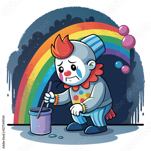 A melancholic clown, tears subtly visible, paints a vibrant rainbow on a stark, dark wall, conveying a sense of hidden sadness and artistic expression.