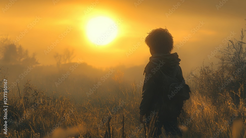Contemplative youth gazing sunward across hazy fields landscape scenic Generated AI Contemplative youth gazing sunward across hazy fields landscape scenic Generated AI