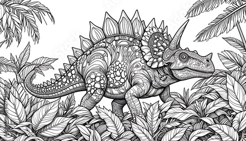 Fototapeta Naklejka Na Ścianę i Meble -  Prehistoric triceratops dinosaur coloring, playful page book drawing monster, whimsical doodle print predator outline, cute cartoon ancient, wild creature funny 