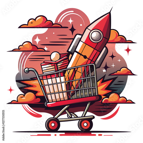 A shopping cart equipped with powerful rocket boosters ascends rapidly into a vibrant, clear sky.  Realistic depiction, high detail.