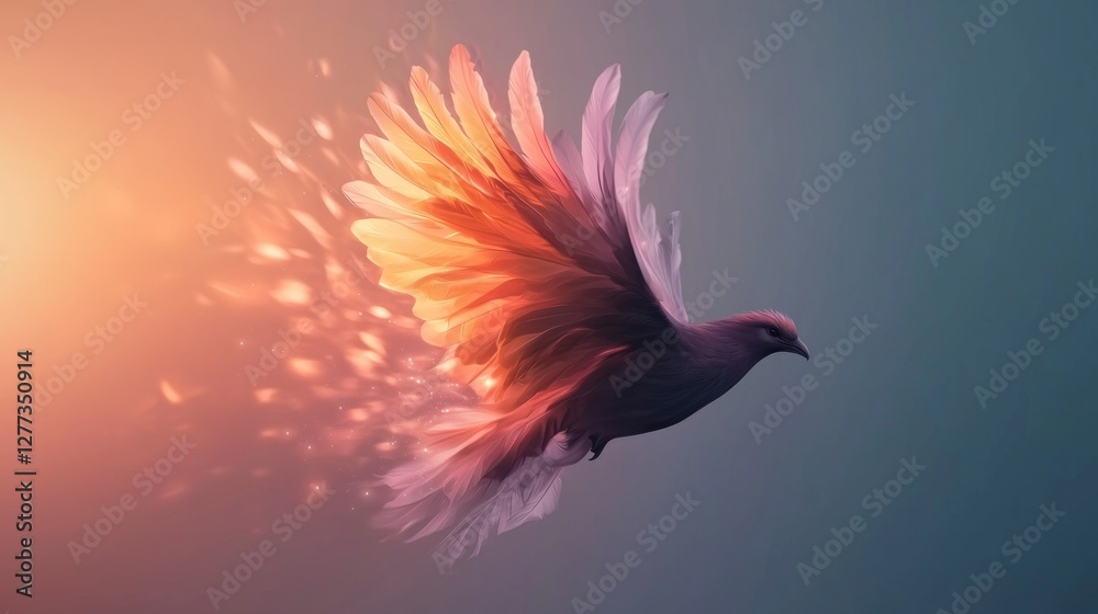 Obraz premium Majestic Phoenix Soaring Sunset Sky Fantasy Bird Flight Wings Feathers Light Trails C