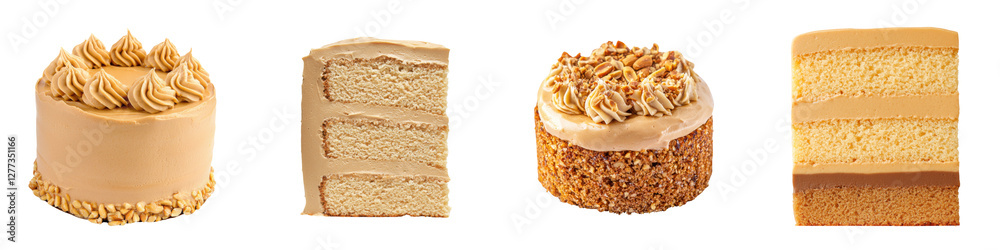 Isolated png sponge cake. A variety of beautifully decorated cakes showcasing different textures and layers, each with unique toppings and designs. Isolated png sponge cake. A variety of beautifully decorated cakes showcasing different textures and layers, each with unique toppings and designs.