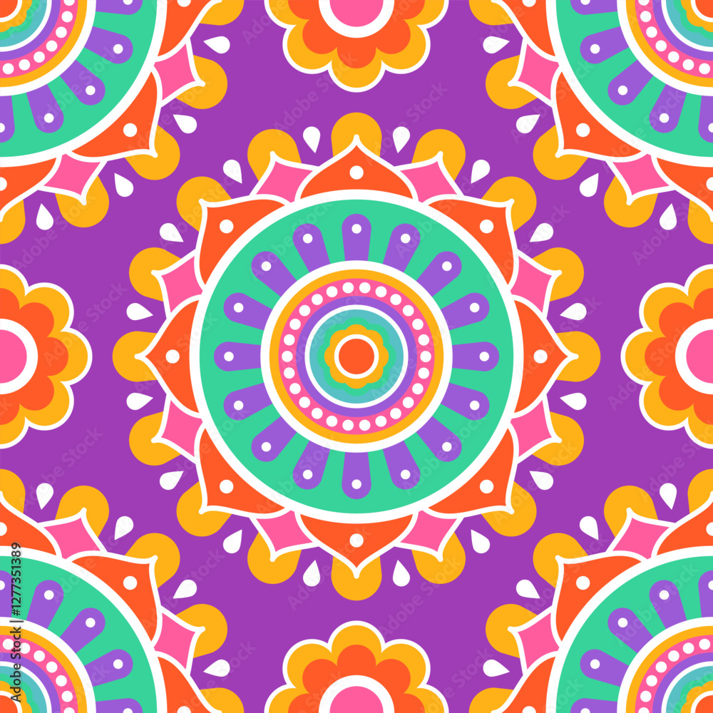 Fototapeta premium Seamless pattern. Colorful symmetrical mandala on a purple background. Holi festival of colors. Indian mandala. Fabric, wrapping paper.
