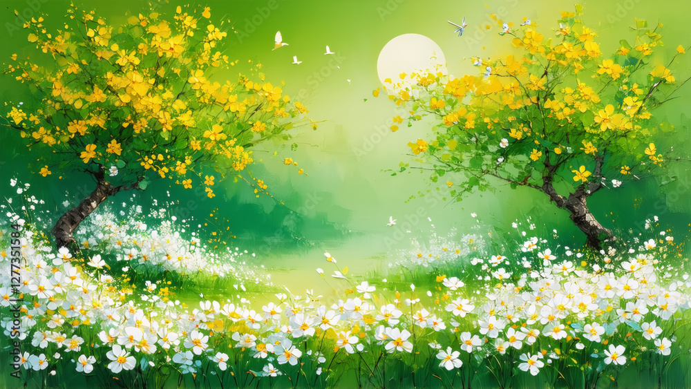 Obraz premium Artistic wallpaper expressing spring, ensemble of colors, green, yellow, white, Generative AI