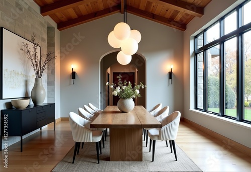 Modern Grand Dining Room Editorial: Light Gray Stone Accent Wall, Contemporary Wood Ribbed Table, Curved Chairs, White Wool Upholstery, Large Modern Abstract Wall Art, High Definition.


