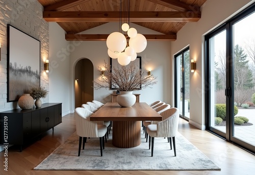 Editorial Photography of Bright Grand Dining Room: Light Gray Stone Accent Wall with Candle Sconces, Modern Wood Ribbed Table, Curved Chairs, White Wool Upholstery, Light Oak Floors.

