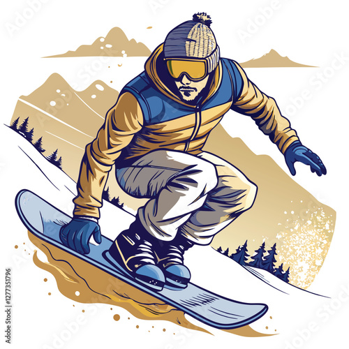 A snowboarder executes a sharp carve through pristine, untouched powder snow, leaving a clean, crisp trail.  Inked illustration style.