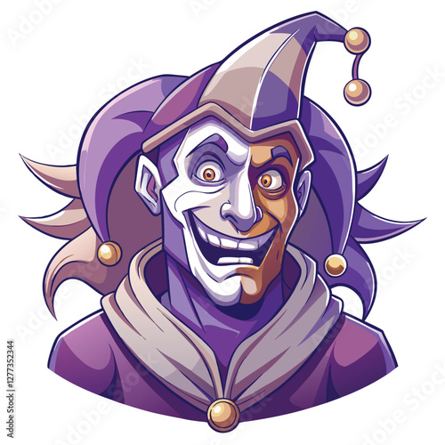 A whimsical medieval jester, adorned in vibrant patchwork clothing, wears a cleverly designed mask capable of shifting expressions, showcasing a range of emotions.