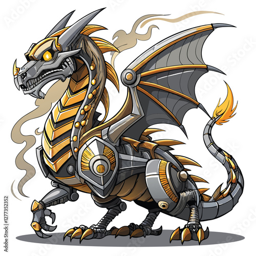 A meticulously detailed steampunk mechanical dragon, smoke billowing from its boiler, intricate gears visible, set against a dark, industrial backdrop.