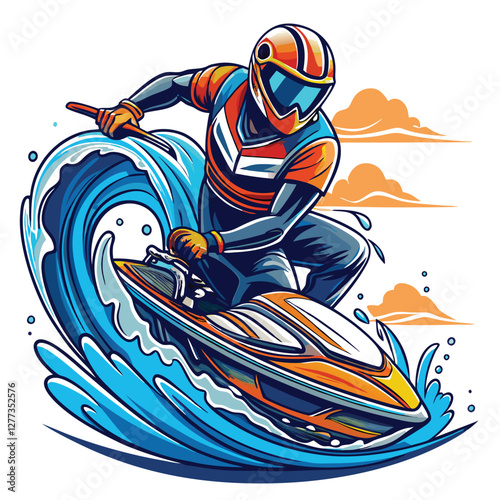 A stylish jet skier performs a dramatic jump off a powerful ocean wave, showcasing dynamic action and vibrant splashes.