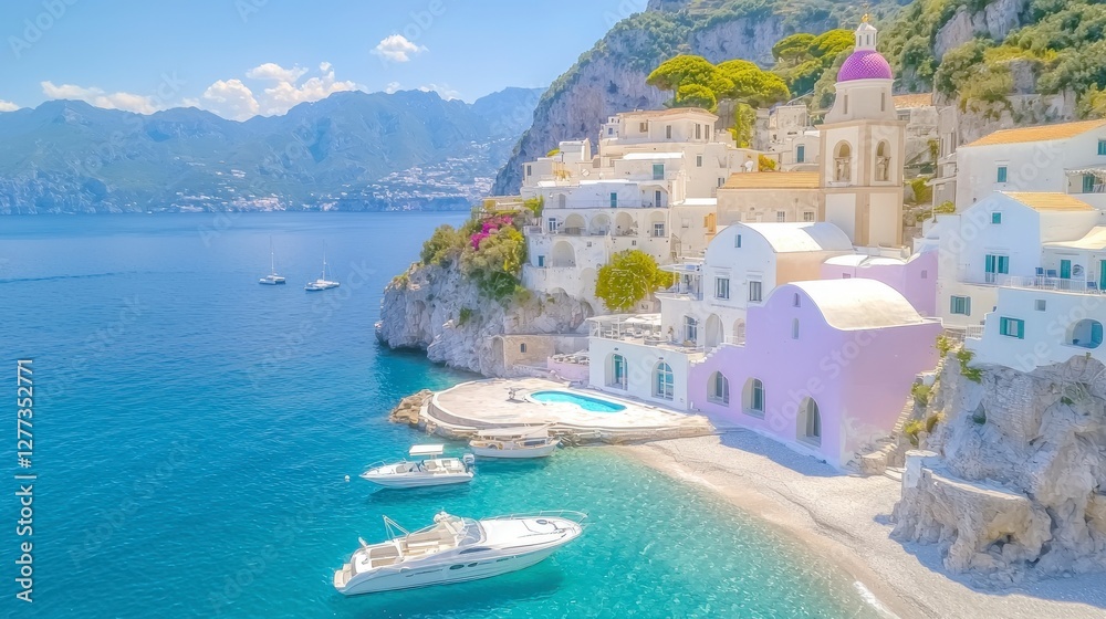 Obraz premium Amalfi Coast Villa Sea Boats Luxury Italy Cliffside Mediterranean Turquoise Water