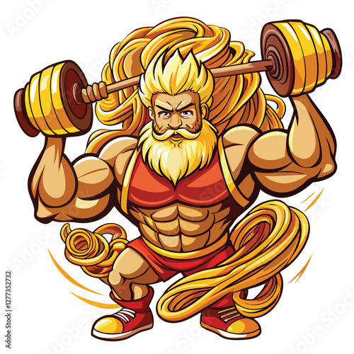 A powerful strongman attempts a dumbbell lift, but his arms are comically disproportionately small.  Focus on the humorous contrast.