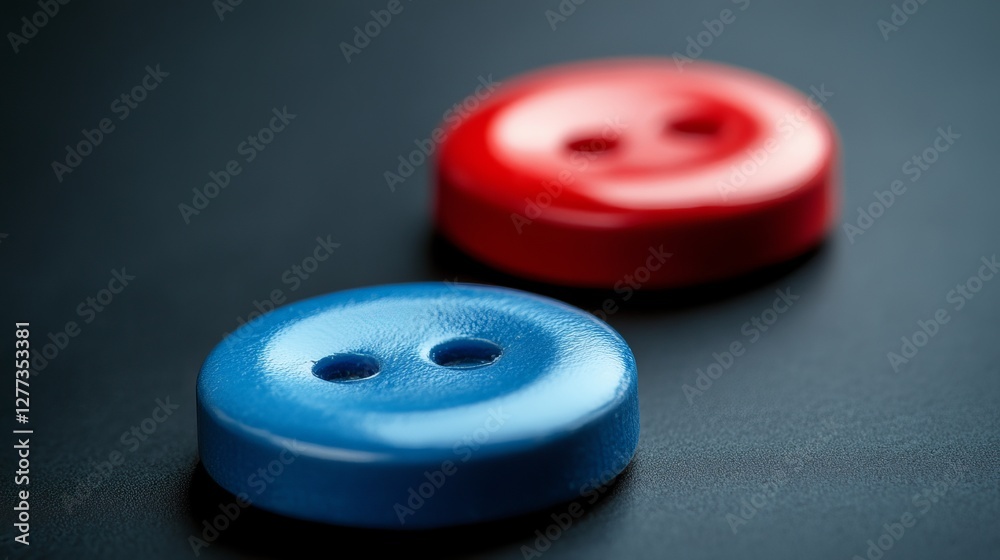 Closeup Red and Blue Buttons Shiny Surface Two Objects Macro Photography Studio Shot Detailed Image Perfect for Backgrounds Textures and Designs Closeup Red and Blue Buttons Shiny Surface Two Objects Macro Photography Studio Shot Detailed Image Perfect for Backgrounds Textures and Designs