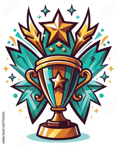 Create a stylized trophy illustration;  a golden cup with vibrant, starburst explosions emanating from its base.  Focus on dynamic energy.