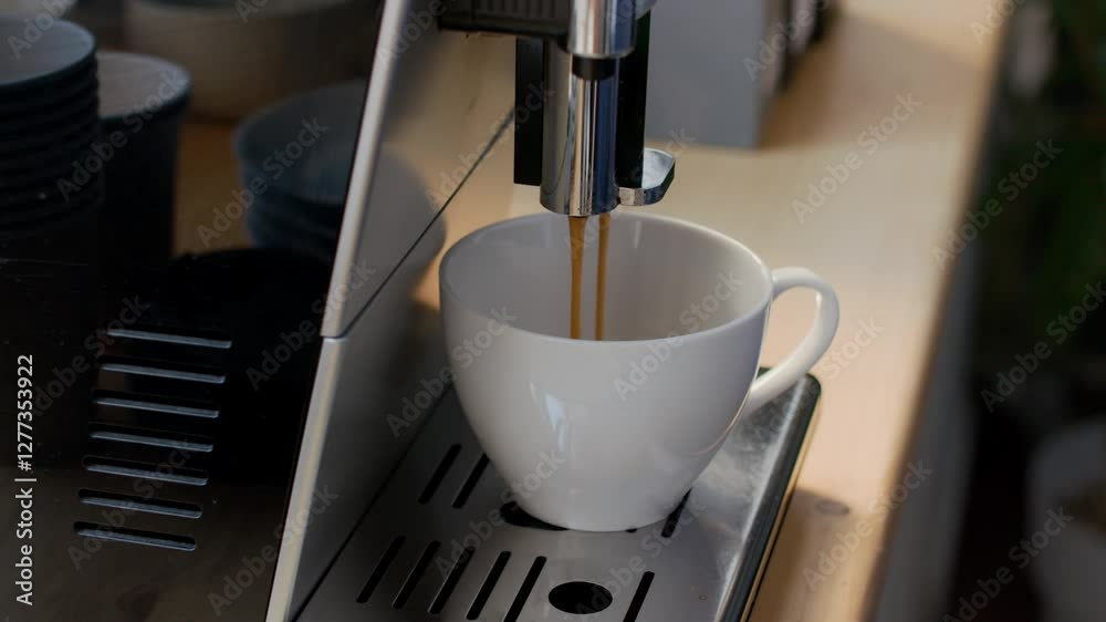No people panning closeup of fresh steaming hot americano coffee being brewed in white cup, pouring and dripping from automatic machine in morning in office