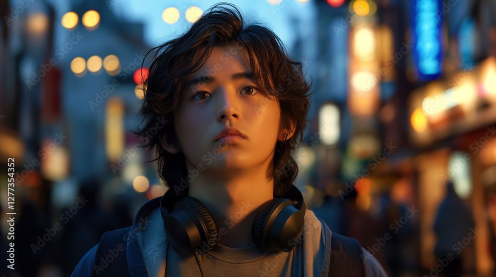 Curious teenage boy in bustling urban setting at dusk with headphones around his neck Curious teenage boy in bustling urban setting at dusk with headphones around his neck