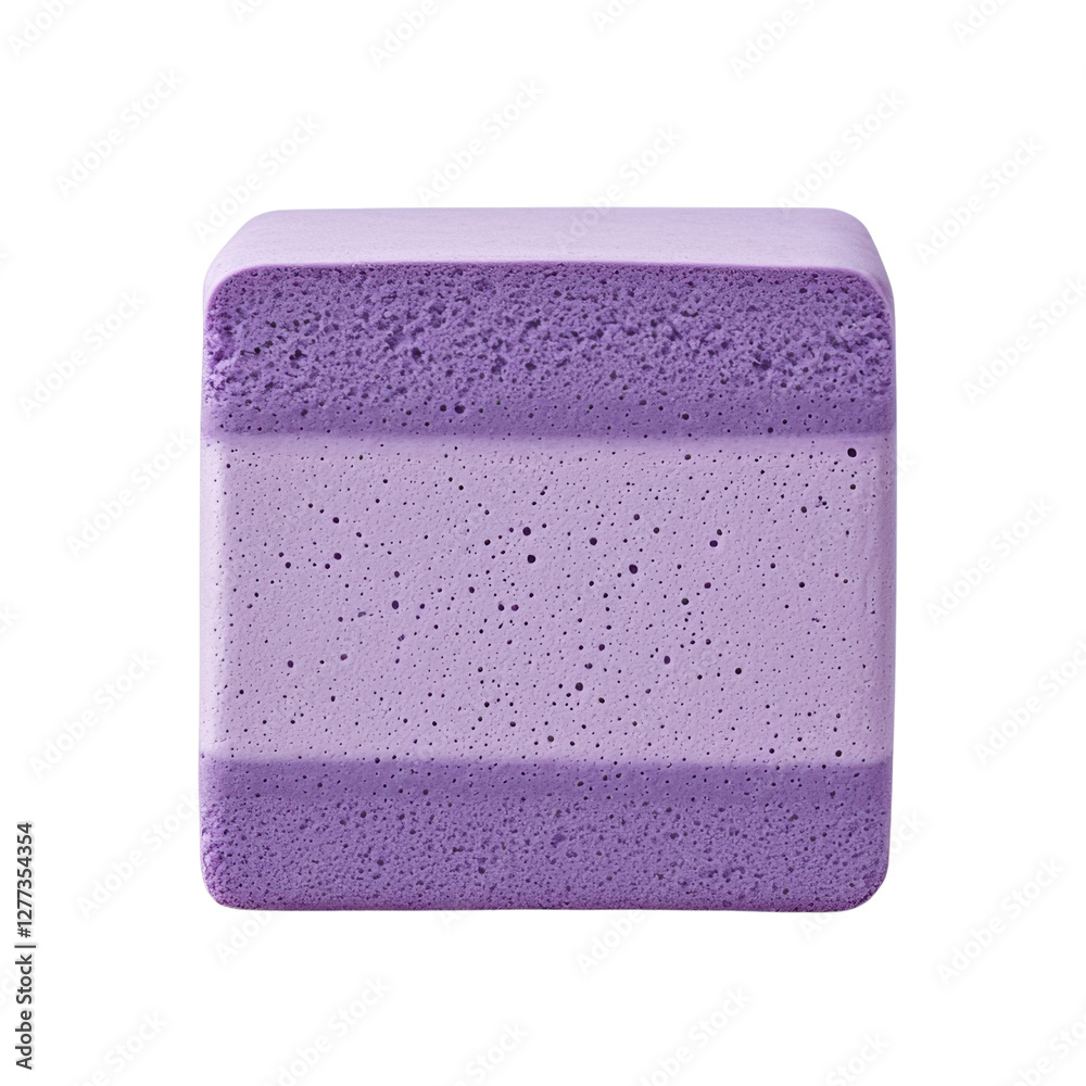 Isolated png sponge cake. A square sponge with distinct purple and white layers, featuring a textured surface and a smooth top edge. Isolated png sponge cake. A square sponge with distinct purple and white layers, featuring a textured surface and a smooth top edge.