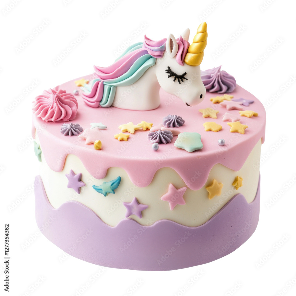 Isolated png sponge cake. A whimsical unicorn cake decorated with pastel colors, featuring a unicorn figure, stars, and swirls of icing. Isolated png sponge cake. A whimsical unicorn cake decorated with pastel colors, featuring a unicorn figure, stars, and swirls of icing.