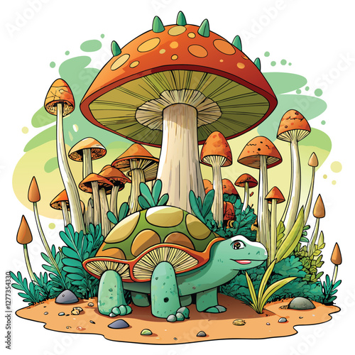 A colossal turtle's shell, a fantastical landscape, supports a lush, vibrant mushroom forest teeming with diverse fungi.  Detailed, hyperrealistic rendering.