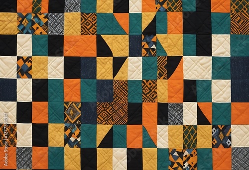 Intricate patchwork quilt displaying geometric patterns and warm color palettes