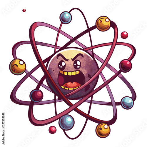 Create a detailed atom diagram; replace each orbiting electron with a meticulously rendered (1). Show clear nucleus, electron shells, and proton/neutron composition.